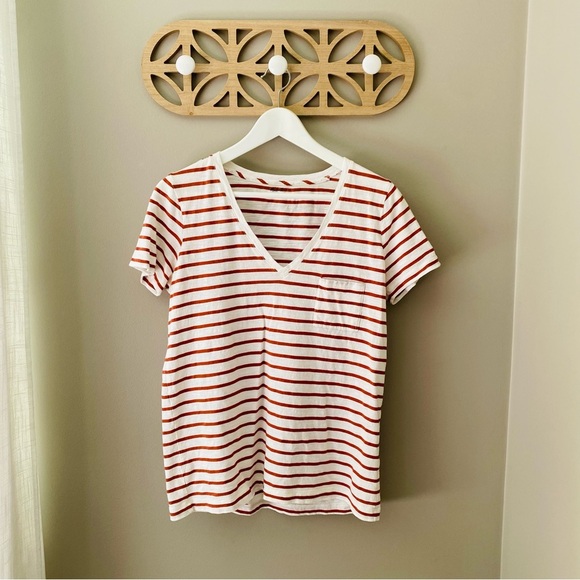 Madewell Stripped V-Neck Tee Shirt White/Orange Sz Medium - Picture 1 of 8